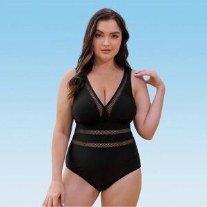 New CUPSHE Knit Cutout Mesh V-neck One Piece Swimsuit Black Maillot 1X NWT